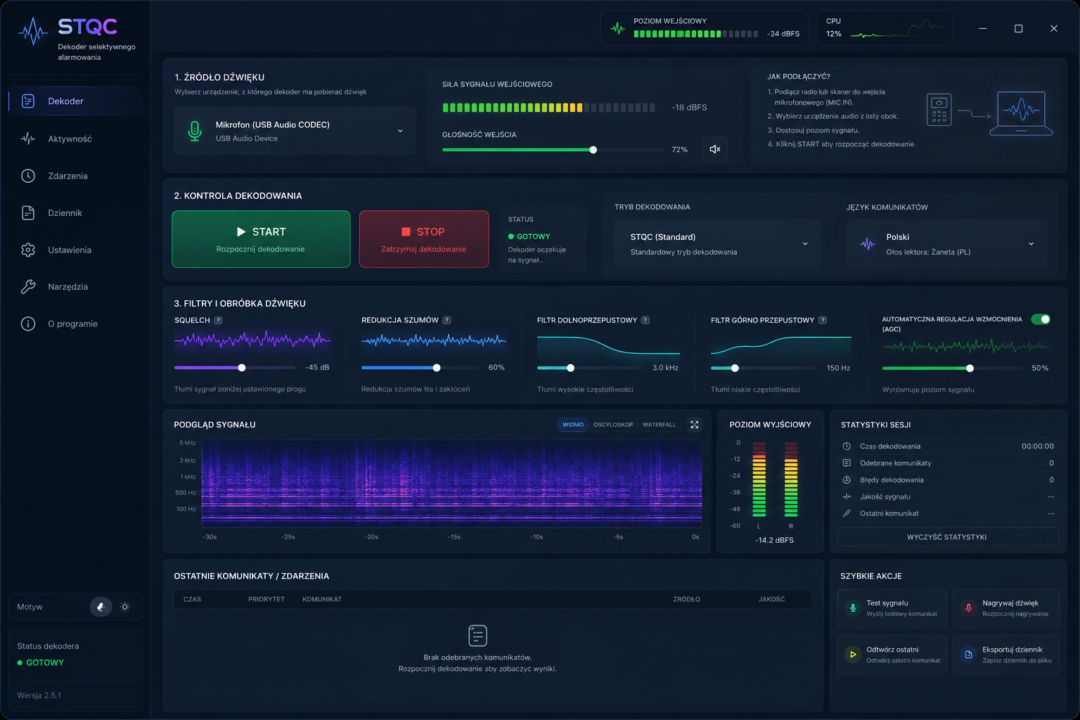 Interfejs aplikacji CyfrowyStrażak: dekoder STQC DSP, AI-DSP, historia alarmów, poziom audio i powiadomienia Telegram